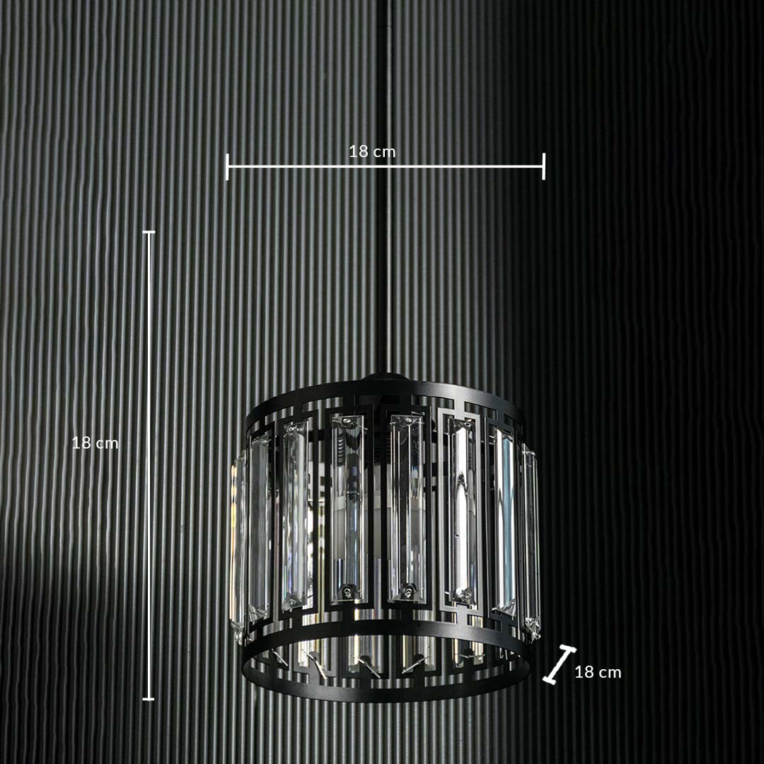 Dimension image of black metal and crystal pendant light measuring 40 cm height 35 cm width and 13 cm depth.