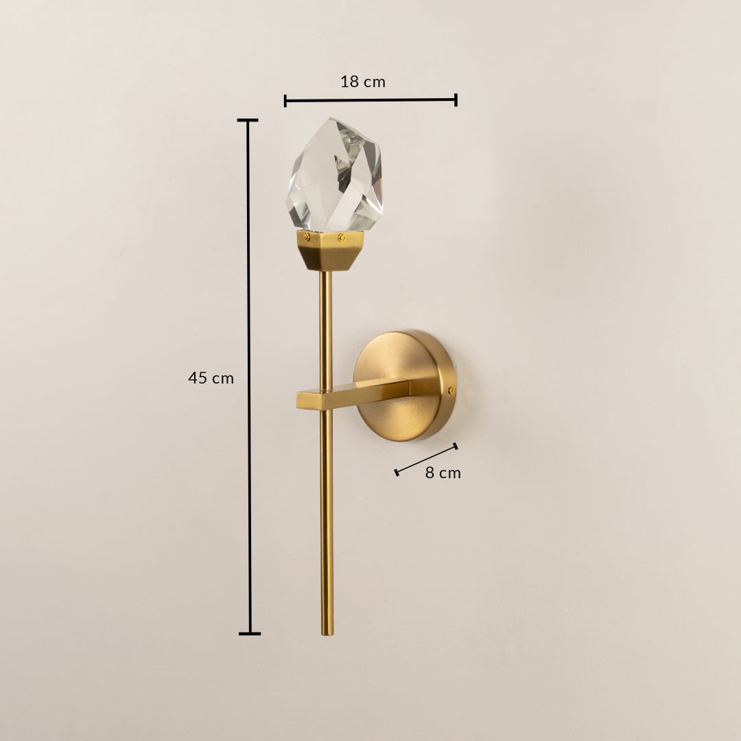 Crystal glass wall lamp with gold base dimension 45 cm height 18 cm width 8 cm depth perfect for bedroom and living room decor.
