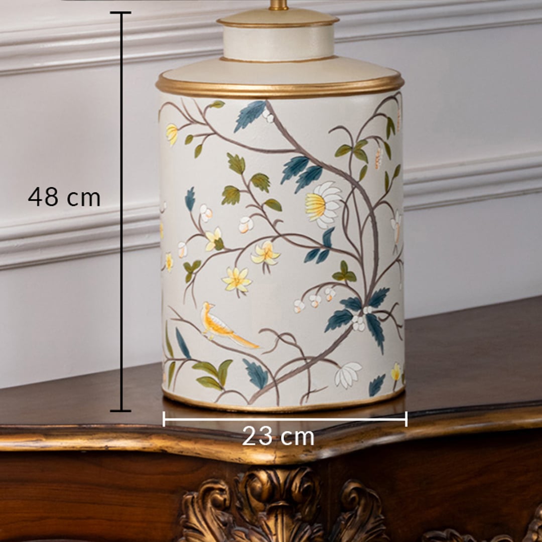 Dimensions image shows ceramic table lamp measuring 48 cm height and 23 cm width suitable for bedside console or living room table placement.