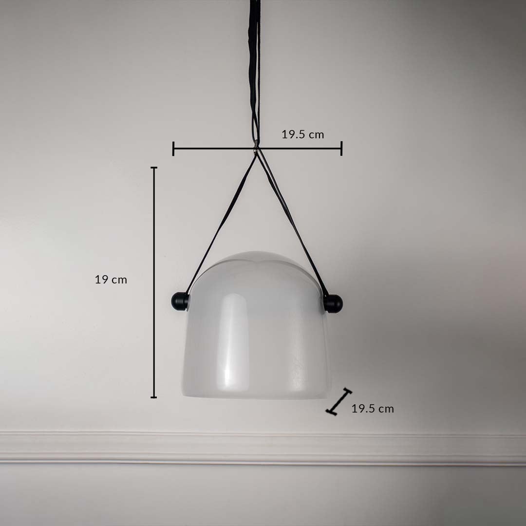 Frosted white glass pendant lamp with black strap showing size 19cm height and 19.5cm width for accurate fitting.