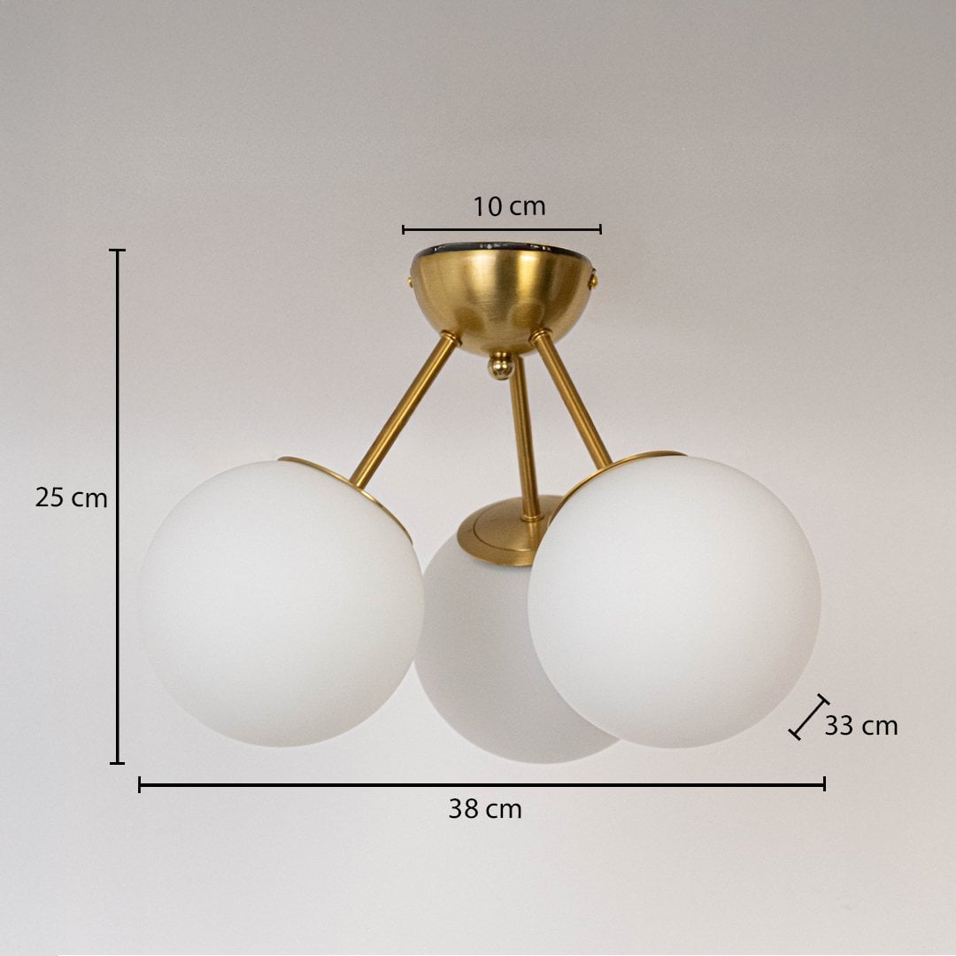 Gold ceiling light with frosted glass globes shown with dimensions 38cm width and 25cm height for modern ceiling decor.