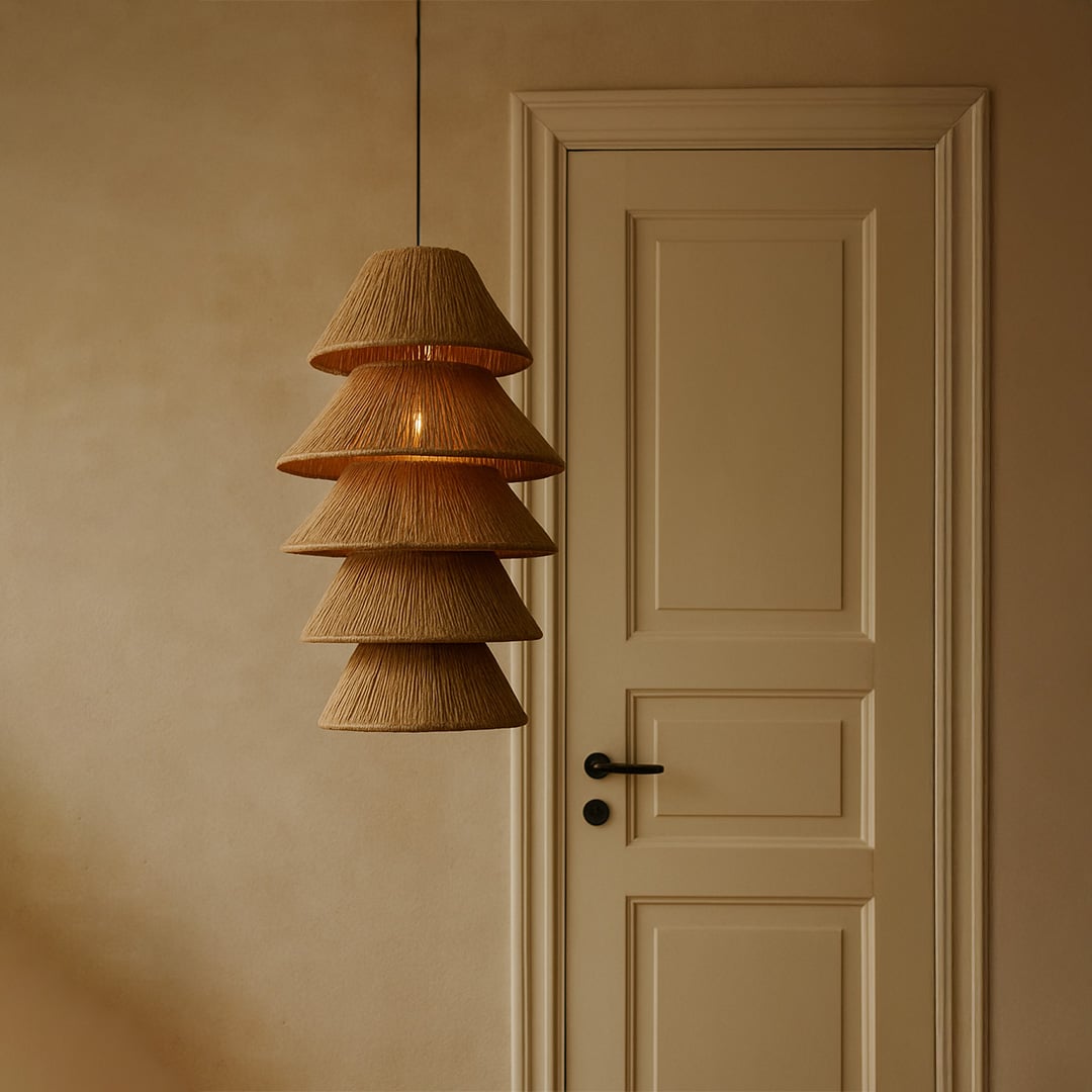 Natural jute pendant light with layered design adding warm coastal charm and artisan character to home decor.