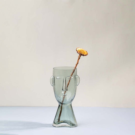 Modern glass vase in abstract face design transparent finish styled with single dry flower for artistic living room placement.