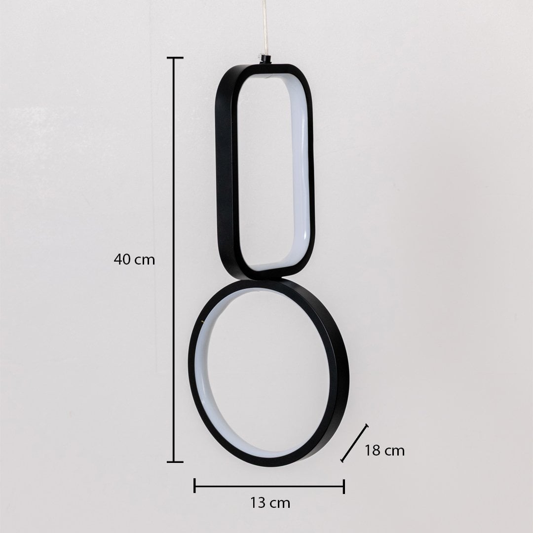 Black and white metal dual shape hanging light shown with 40 cm height 13 cm width and 18 cm depth for accurate placement.
