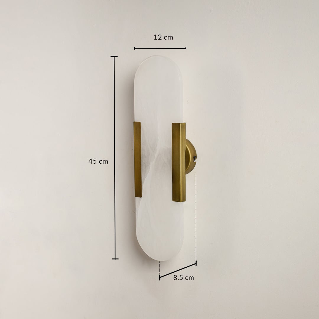 Marble gold wall light with 45 cm height 12 cm width and 15 cm depth for modern decor spaces.