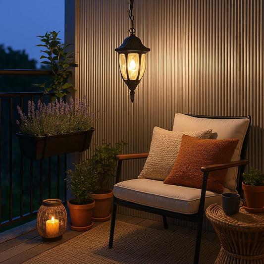 Black outdoor hanging lantern light styled beautifully in a patio setting radiating soft warm illumination.