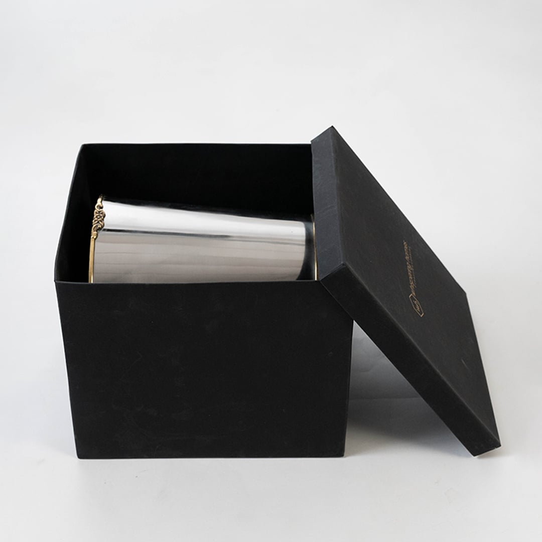 Stainless steel silver cup inside sleek black box packaging for premium presentation and safe storage.