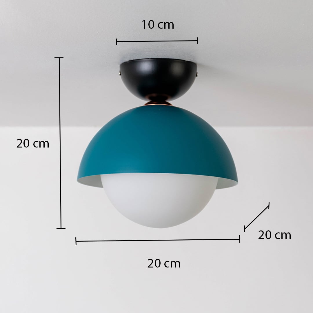 Ceiling light with dimensions showing 20 cm height and 20 cm width featuring a teal dome shade and white globe.