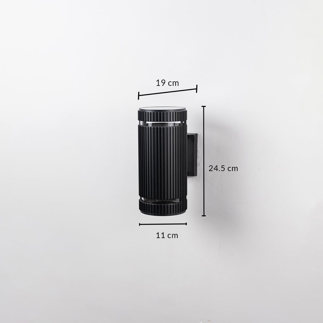 Black ribbed wall light dimension image showing 24.5 cm height 19 cm depth and 11 cm diameter.