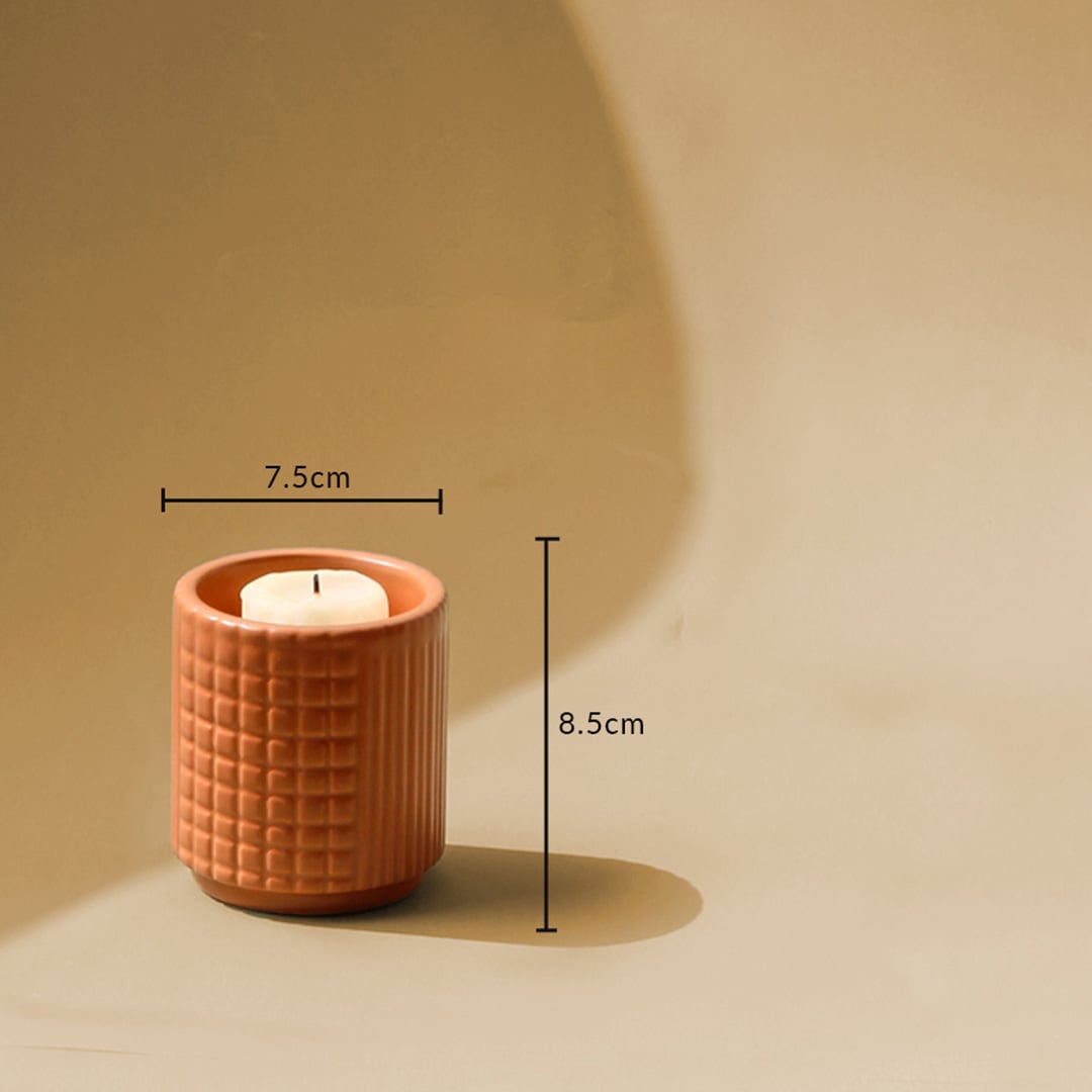 Terracotta ceramic candle holder with 8.5 cm height and 7.5 cm width shown clearly for accurate size and home decor detailing.