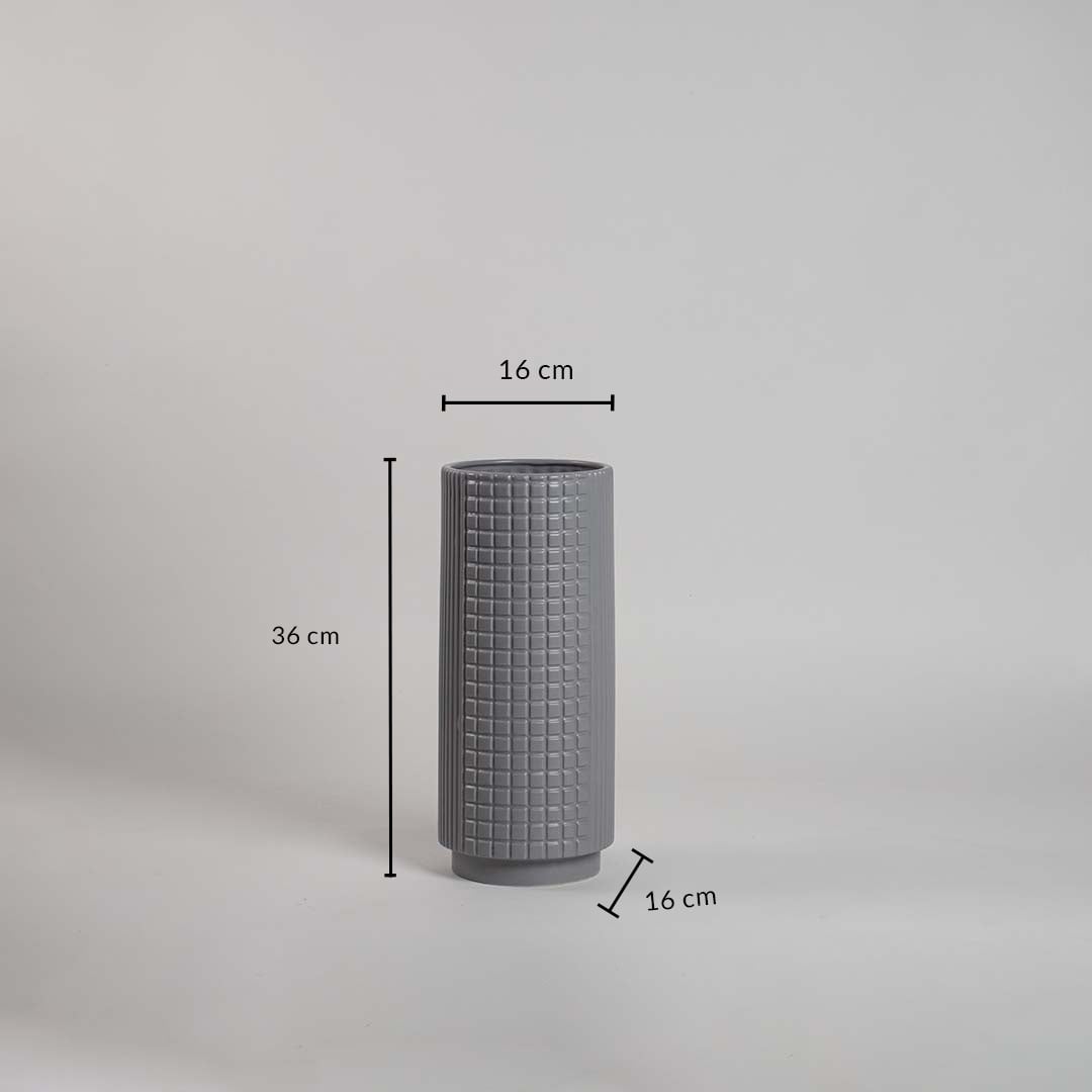 Grey ceramic vase with grid texture shown on a white background with 36 cm height and 16 cm diameter.