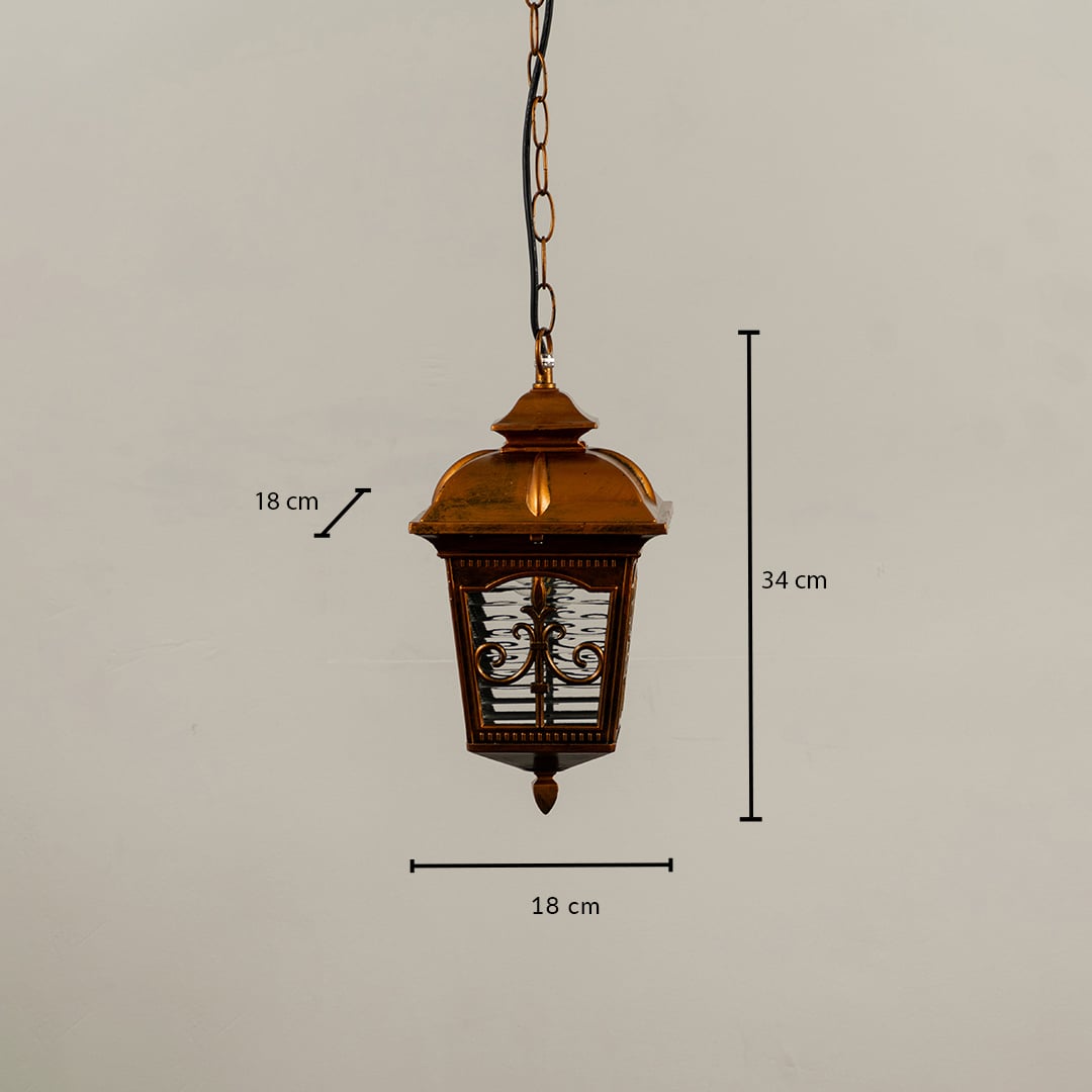 A golden hanging lantern shown with measurements 34 cm height and 18 cm width clearly marking its structured metal frame and textured decorative glass panels.