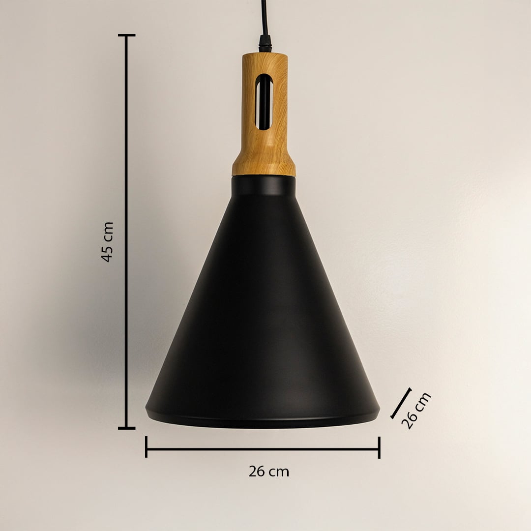 A black cone pendant lamp with wooden detail shown with dimensions of 45 cm height 26 cm width and 26 cm depth displayed clearly for accurate sizing.