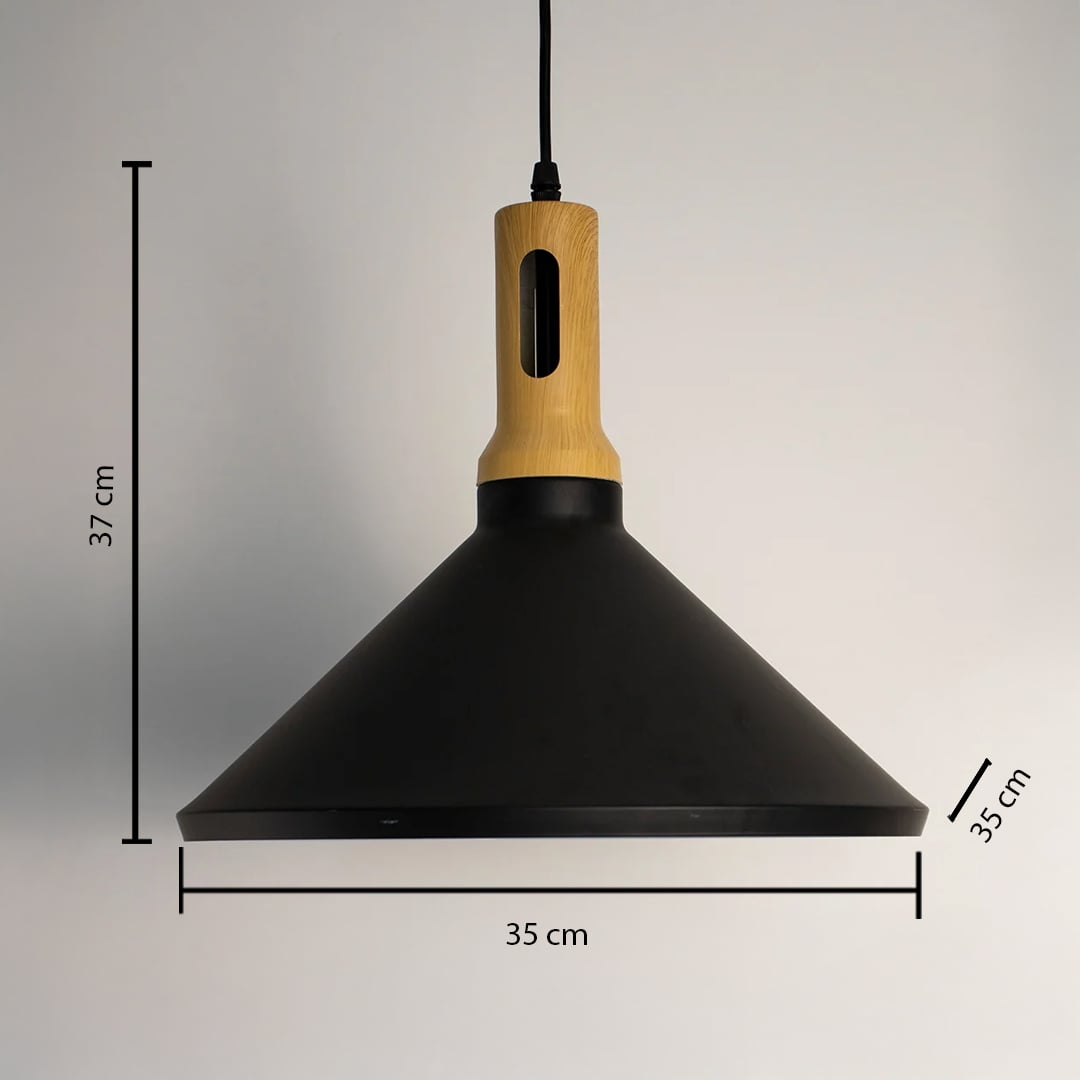 A black wood pendant light with measurements showing a 35 cm wide conical shade and 37 cm height clearly marked on a plain background for accurate sizing.