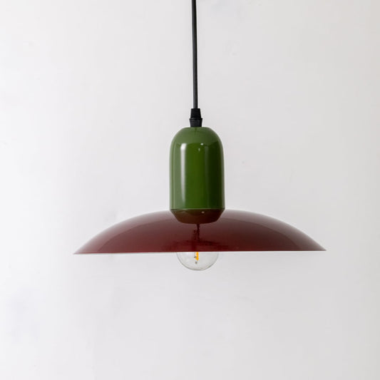 Green and burgundy metal pendant light with wide shade design for modern ceiling interiors.