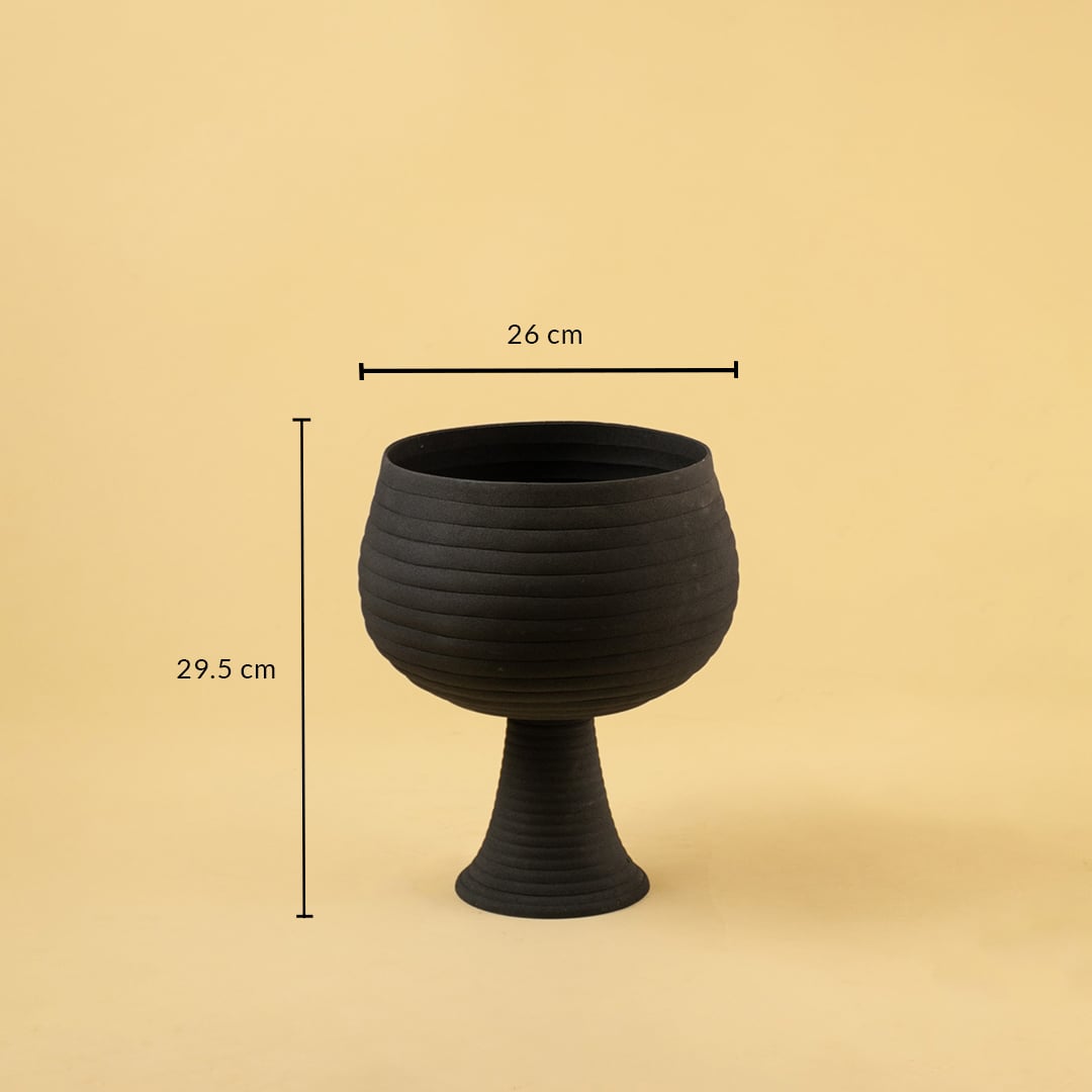Black metal pedestal bowl decor with width 26 cm and height 29.5 cm shown clearly for accurate size reference.