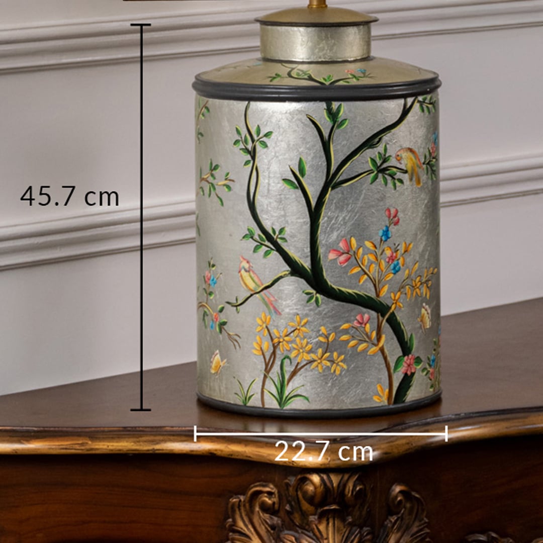Table lamp with floral bird ceramic base displayed with 45.7 cm height and 23 cm width for clear size reference.