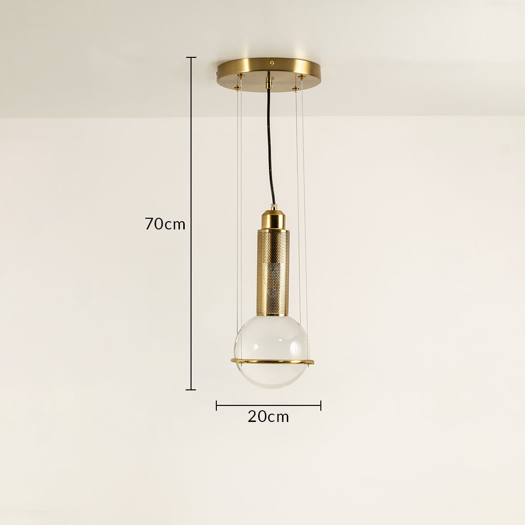 Pendant light shown with 70 cm height and 20 cm width featuring a frosted glass globe and detailed metal cylinder ideal for modern interior home decor illumination.