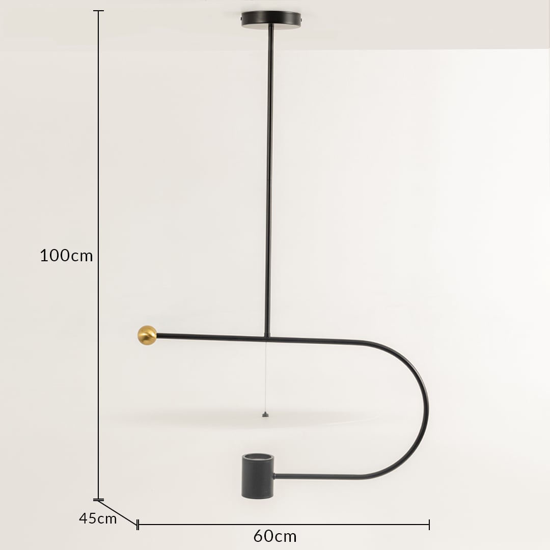 Pendant light shown with 100 cm height and 60 cm width featuring a sculptural curved black metal frame ideal for modern artistic interior home decor lighting.