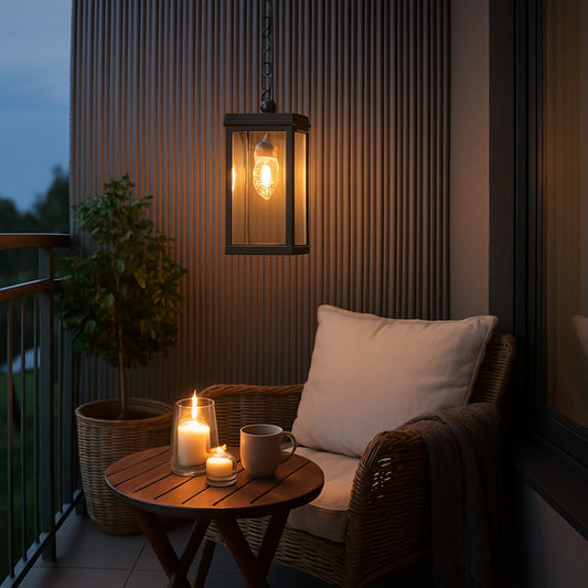 Brown rectangular hanging outdoor lantern light adding a touch of modern elegance to exterior spaces.