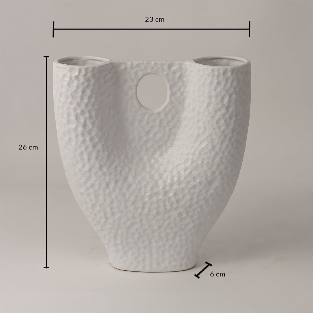 White textured ceramic vase measuring 26 cm height and 23 cm width shown on white background with handcrafted finish.