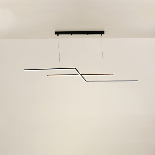 Black linear pendant light with sleek illuminated bars forming a structured geometric silhouette that enhances the room with a clean modern decorative lighting element.
