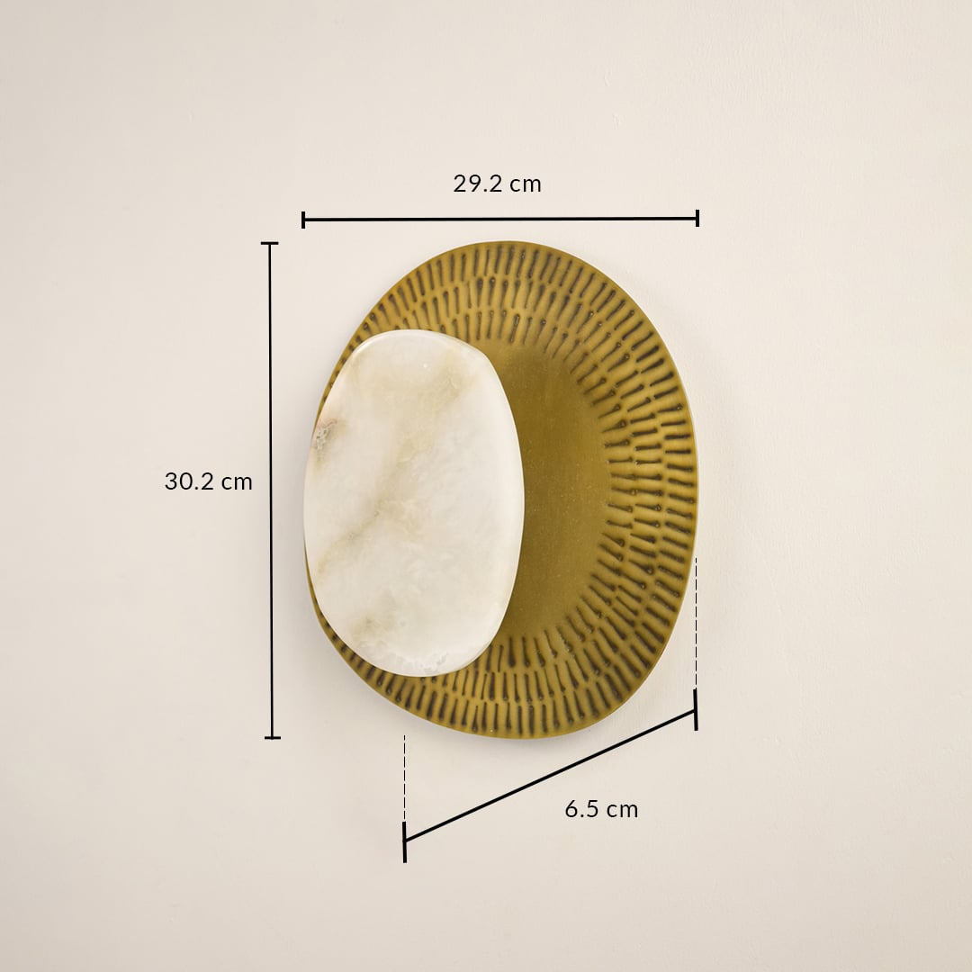Marble and gold wall light with 30.2 cm height 29.2 cm width and 6.5 cm depth for modern decor spaces.