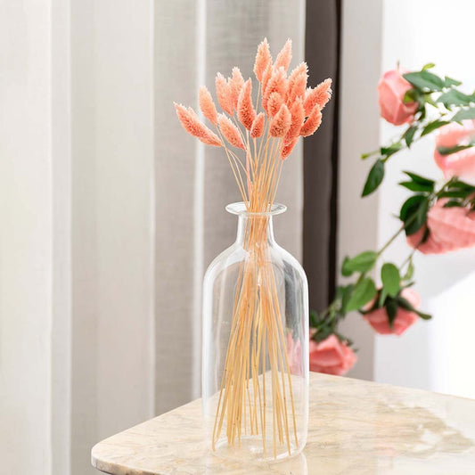 Soft peach dried bunny tail grass displayed in a clear glass vase on a marble tabletop creating a calm elegant lifestyle decor accent for modern home interiors.