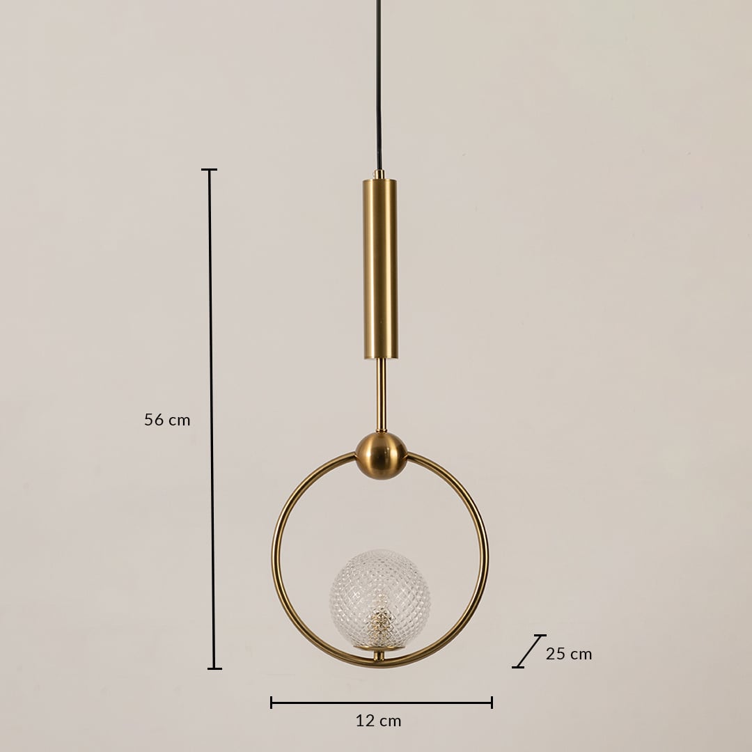 Gold ring pendant light measuring 12 cm width 56 cm height and 25 cm depth for accurate hanging placement.