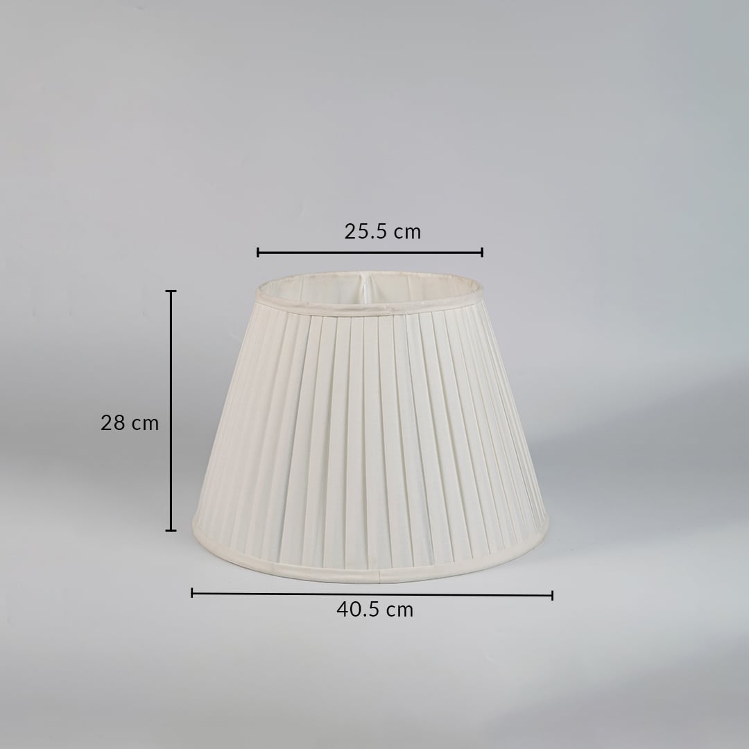Dimension image of cream pleated fabric lampshade showing 28 cm height with 40.5 cm base diameter and 25.5 cm top diameter.