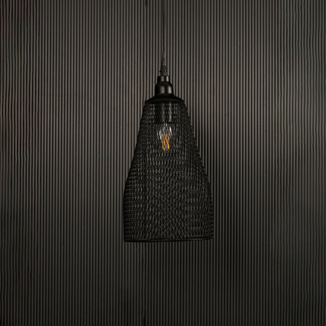 Contemporary black mesh metal pendant light displayed on dark background with lights off highlighting artistic industrial elegance.