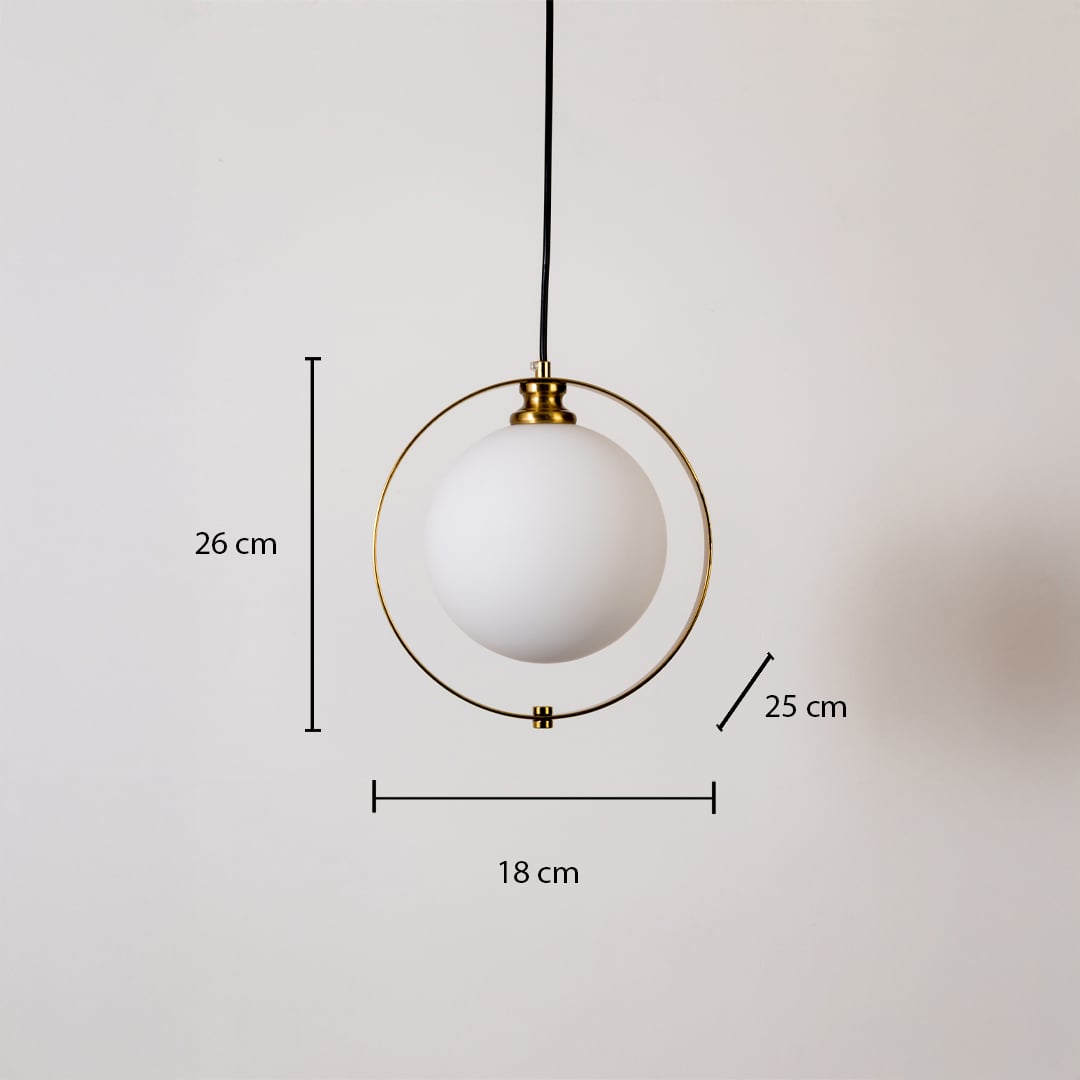 Pendant light with labeled measurements showing 26 cm height 18 cm width and 25 cm depth featuring a frosted globe within a gold ring.