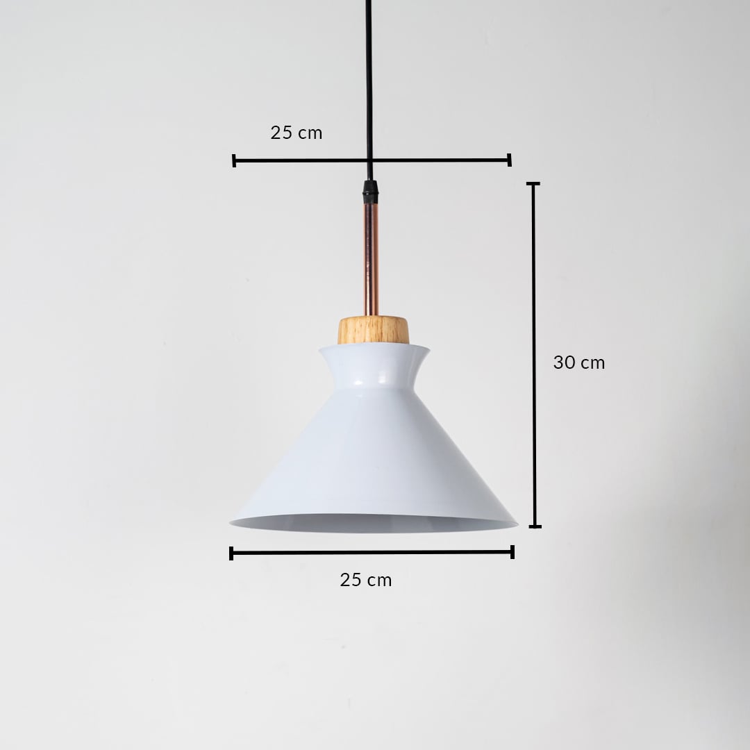 White conical pendant light with wooden accent shown with size 30cm height and 25cm width on white background for product details.