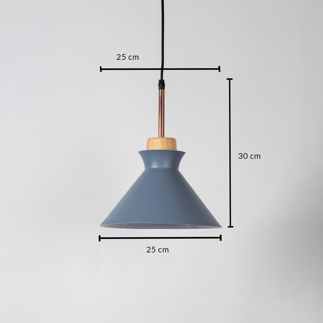 Grey conical pendant light with wooden accent shown with size 30cm height and 25cm width on white background for product details.