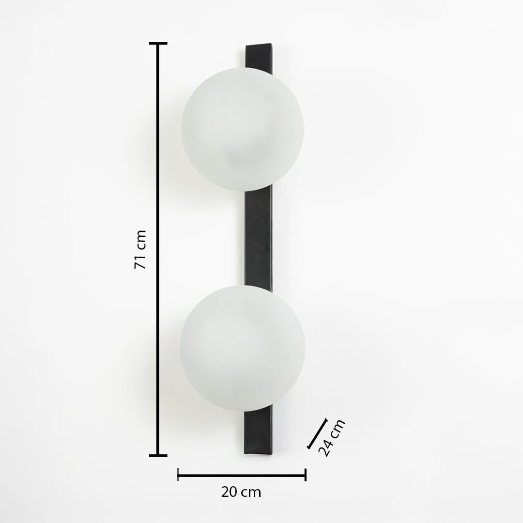 Dimensions image showing 71 cm height and 20 cm width of black metal wall light with frosted glass shades.