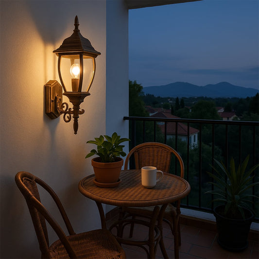 Elegant gold wall lantern showcased in a soft lifestyle setting featuring vintage detailing clear glass panels and a warm glowing bulb.