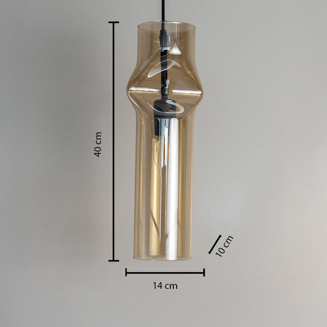 Chrome pendant light measuring 40 cm in height and 14 cm in width with slim refined metallic shape.