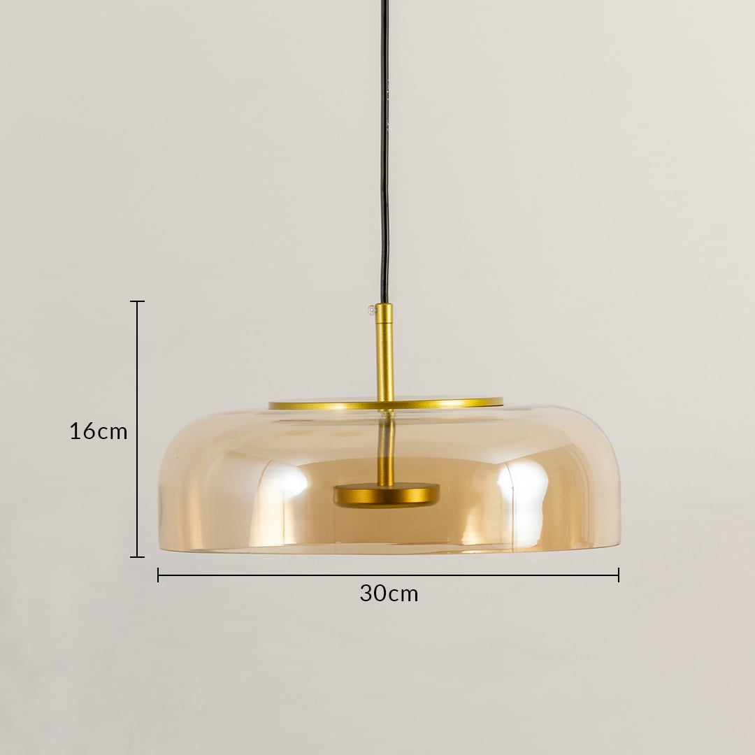Amber glass and gold metal pendant light dimension image with 30 cm width and 16 cm height for dining room placement.