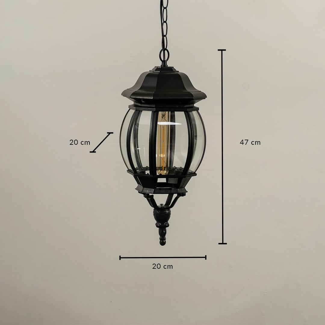 Outdoor hanging lantern light dimension image showing height 47 cm and width 20 cm with elegant black finish.