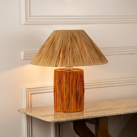 Table lamp with woven shade and textured base perfect for rustic bedroom or living room table decor styling on clean background.