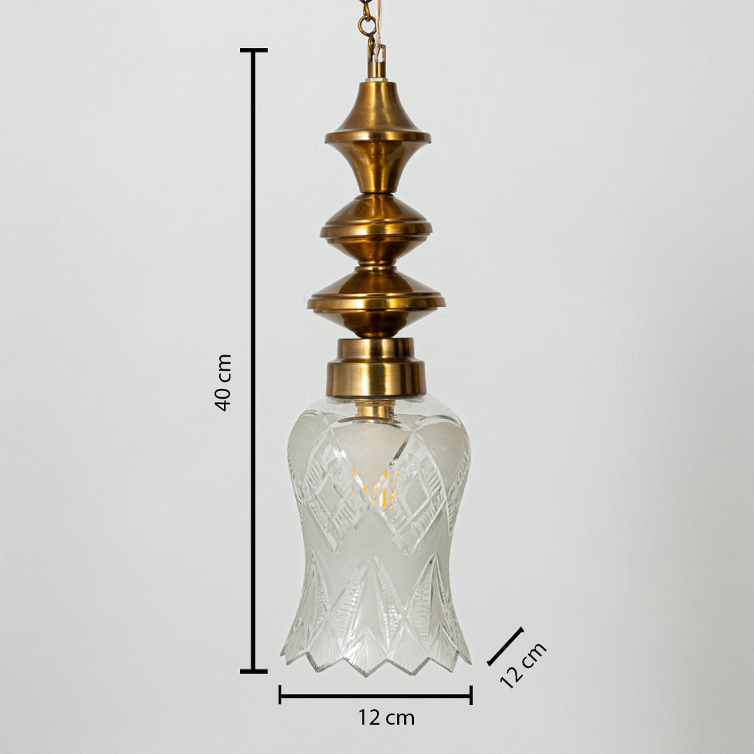 Clear etched glass and brass pendant light dimension image with 12 cm width and 40 cm height for luxury bedside placement.