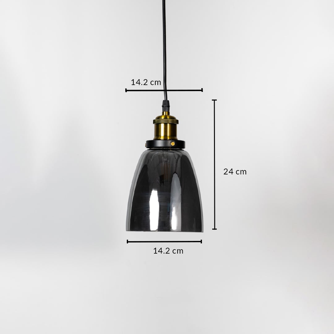 Smoked glass pendant light with brass holder shown with 24cm height and 14.2cm width for modern interiors.