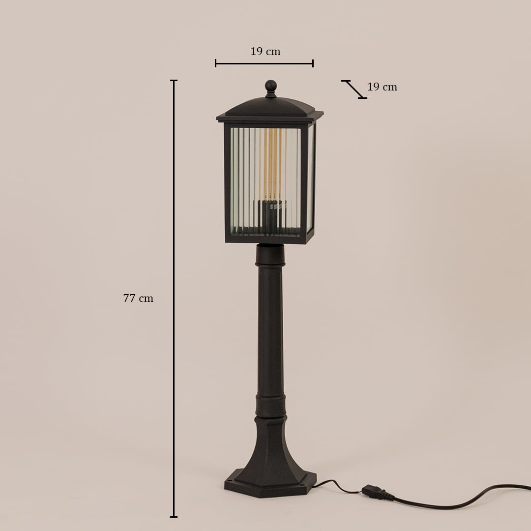 Black outdoor post light with ribbed glass measuring 77 cm height and 19 cm width shown clearly with dimensions.
