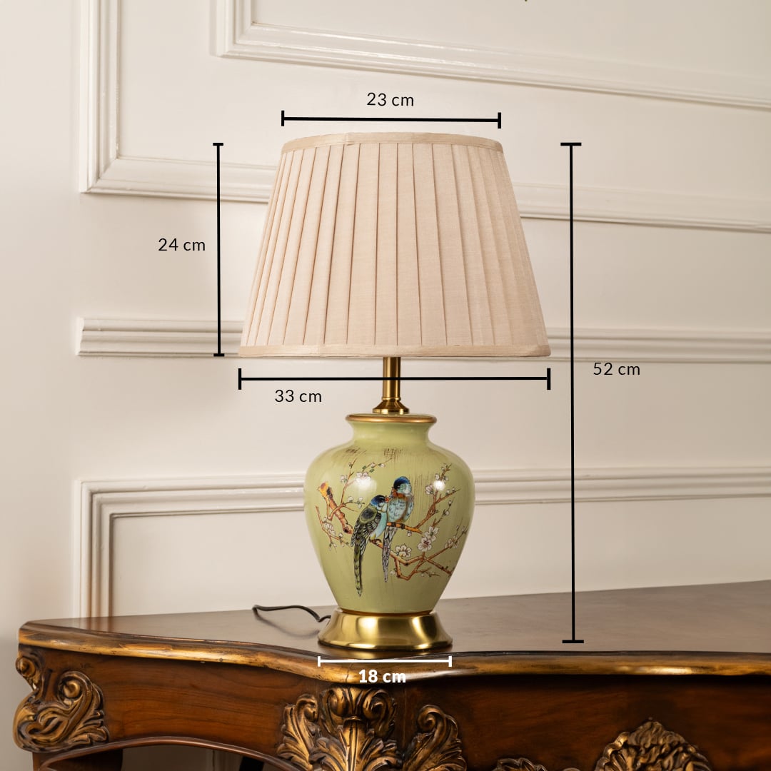 Green bird table lamp dimensions image displaying total height of 52 cm and 33 cm wide shade for accurate size reference.