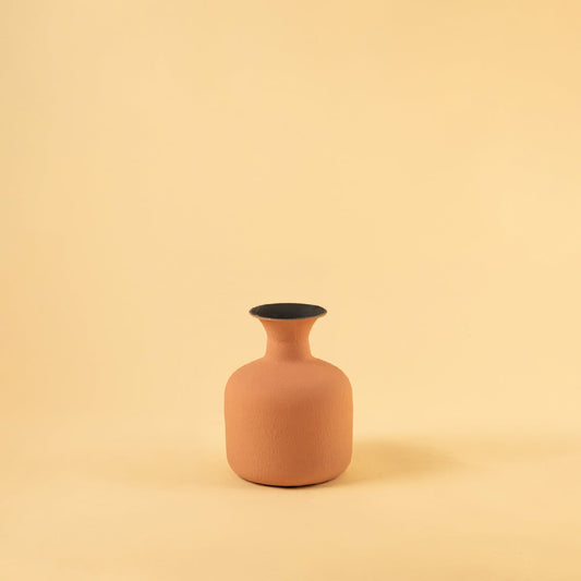 Terracotta matte textured vase showcased on a clean white background highlighting its curved shape and subtle earthy tone with dried stems gently arranged.