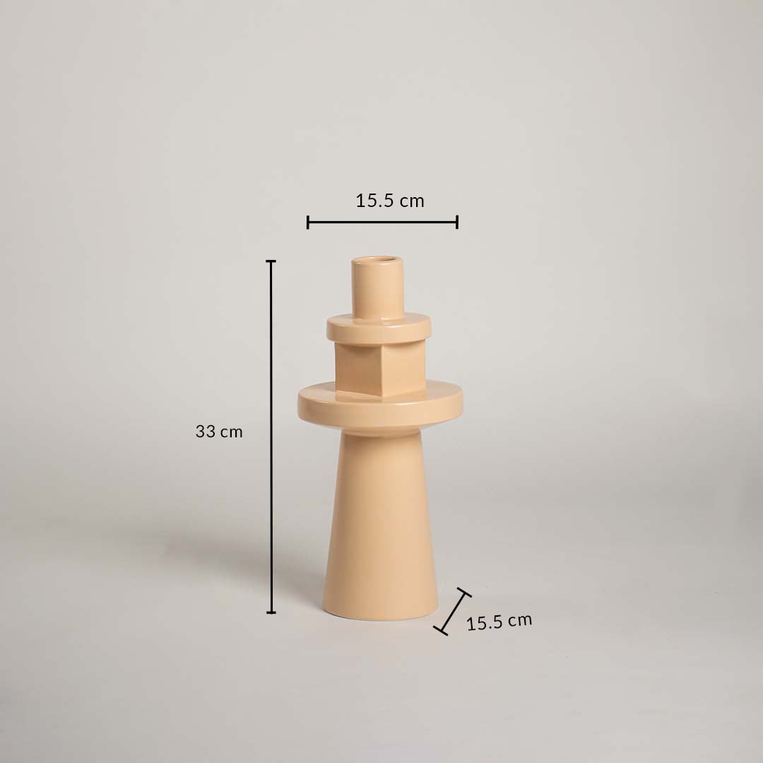 Beige geometric vase measuring 33 cm in height and 15.5 cm in width displaying a tiered totem shape on a white background for size.