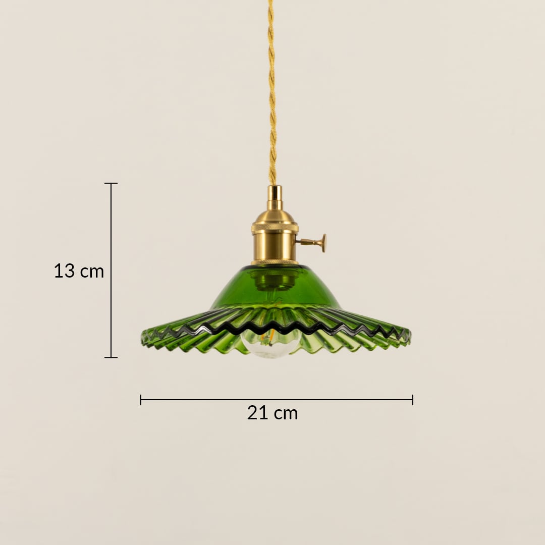 Dimension image of green scalloped glass pendant light with brass accents showing 13 cm height and 21 cm width.