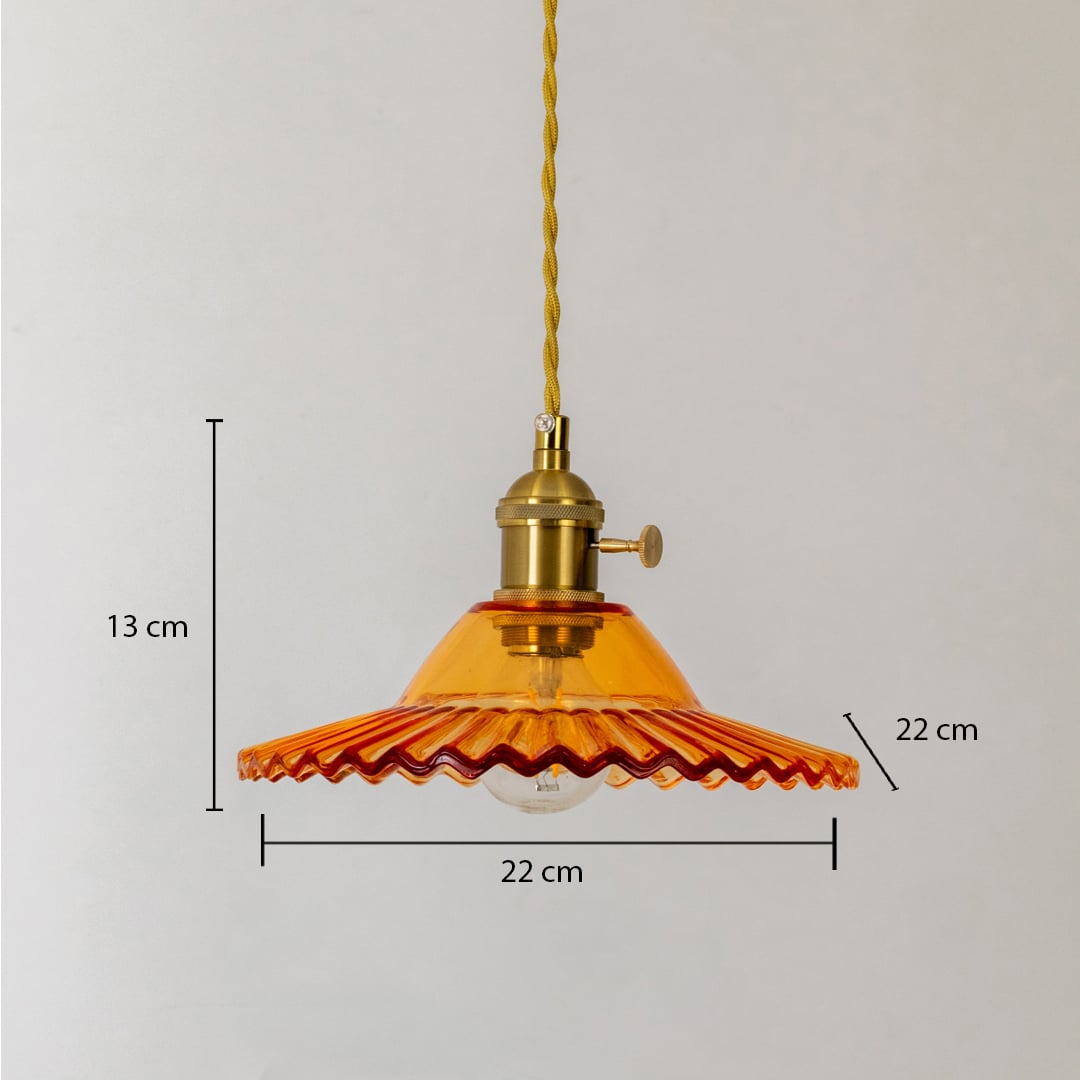 Amber ruffle glass pendant light showing dimensions with 22 cm width and 13 cm height on a white background.