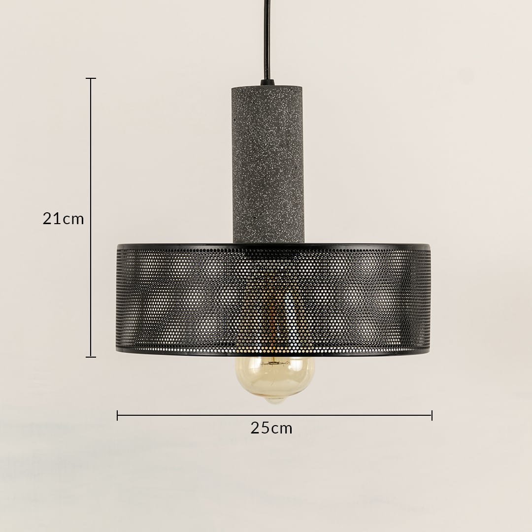 Arlo Halo Mesh pendant light measuring 21 cm in height and 25 cm in diameter with industrial metal design.