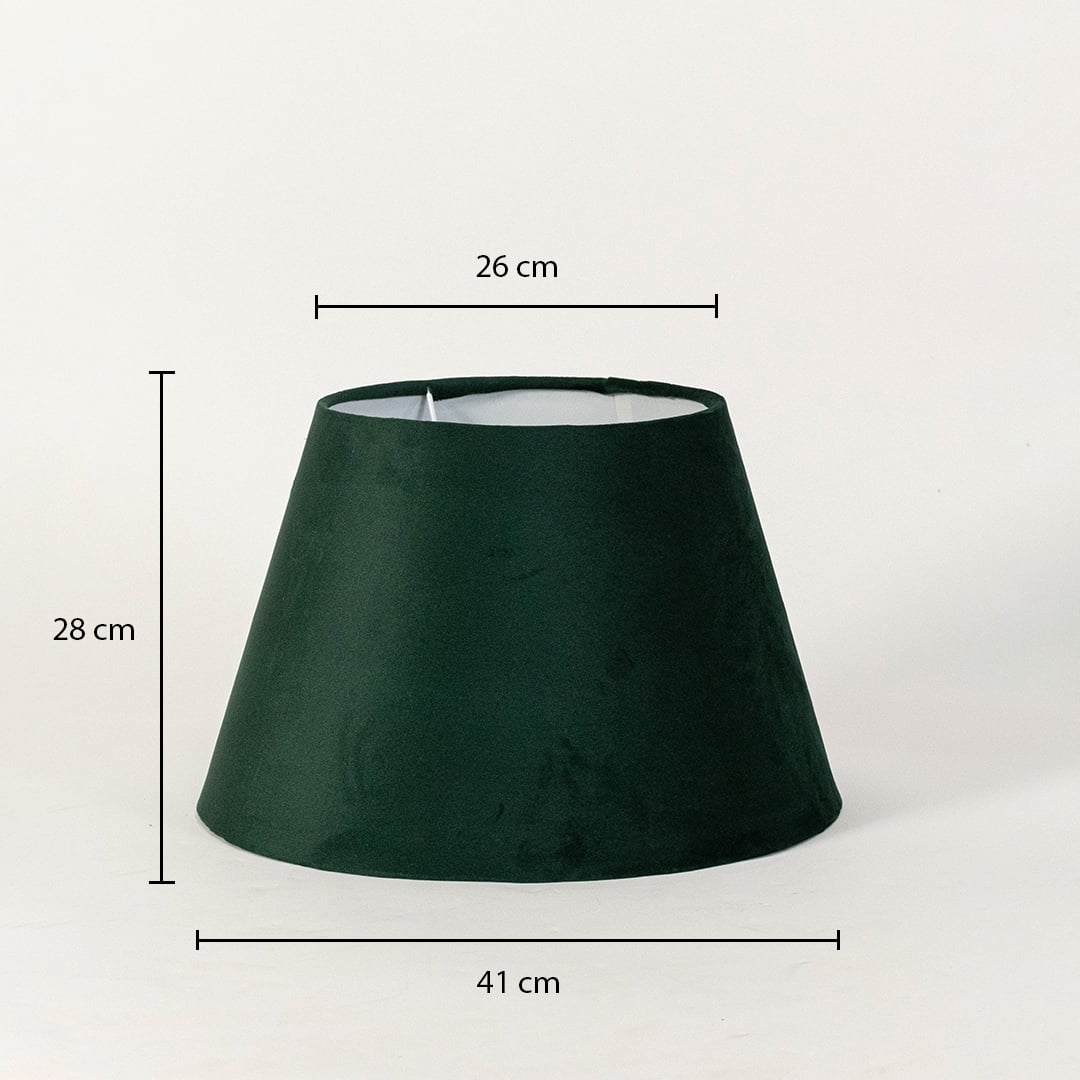 Green tapered lampshade on a white background with dimensions showing 28 cm height 26 cm top width and 41 cm bottom width for sizing.